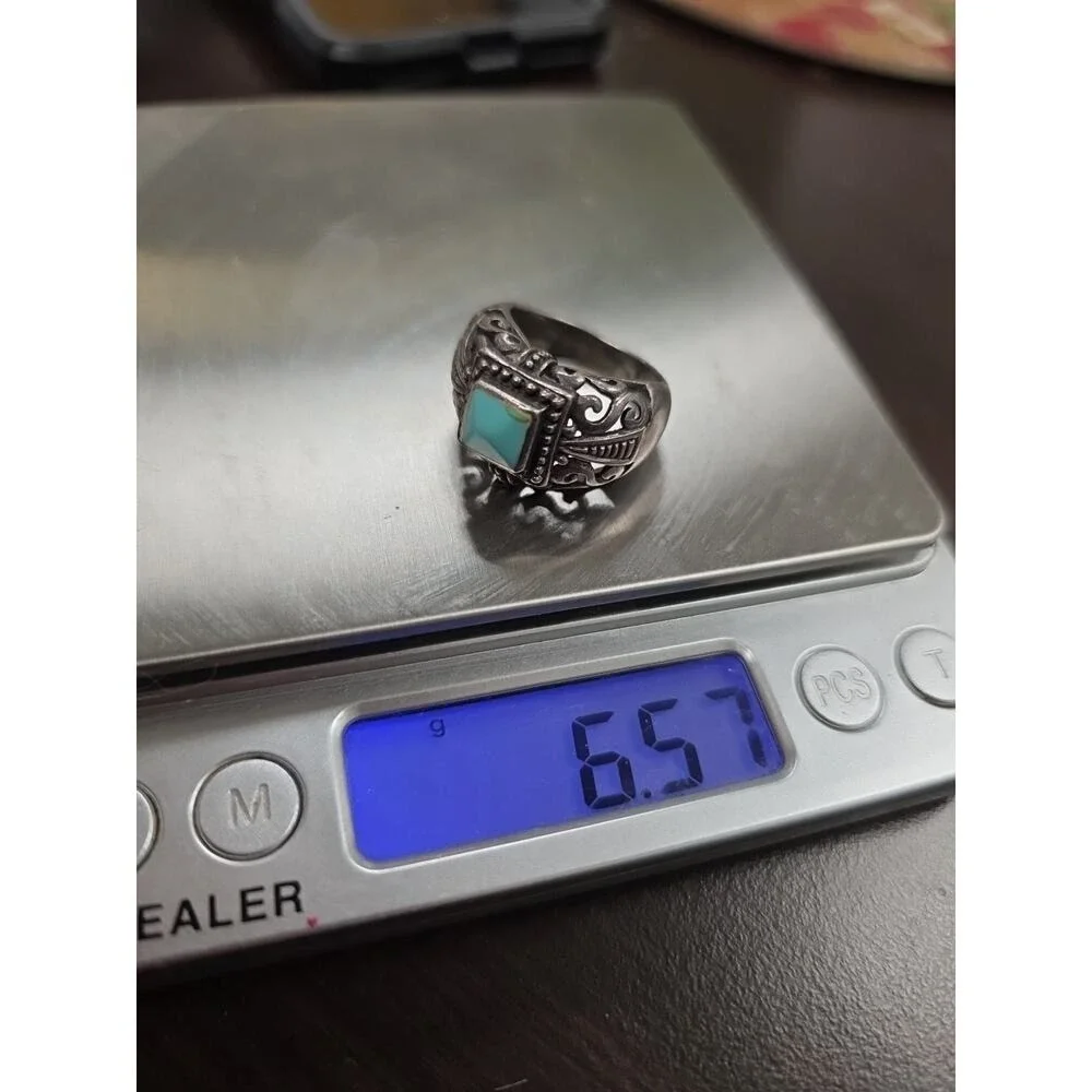 Vintage Native American Sterling Silver Inlaid Turquoise Coral Ring Size‎ 7